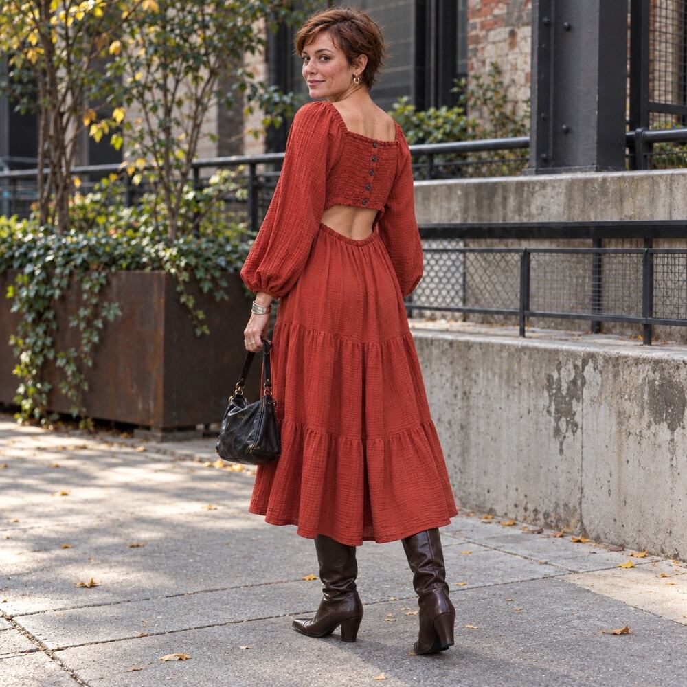 Beachlunchlounge Luana Cutout Back Smocked Crinkle Gauze Midi Dress Small Rust